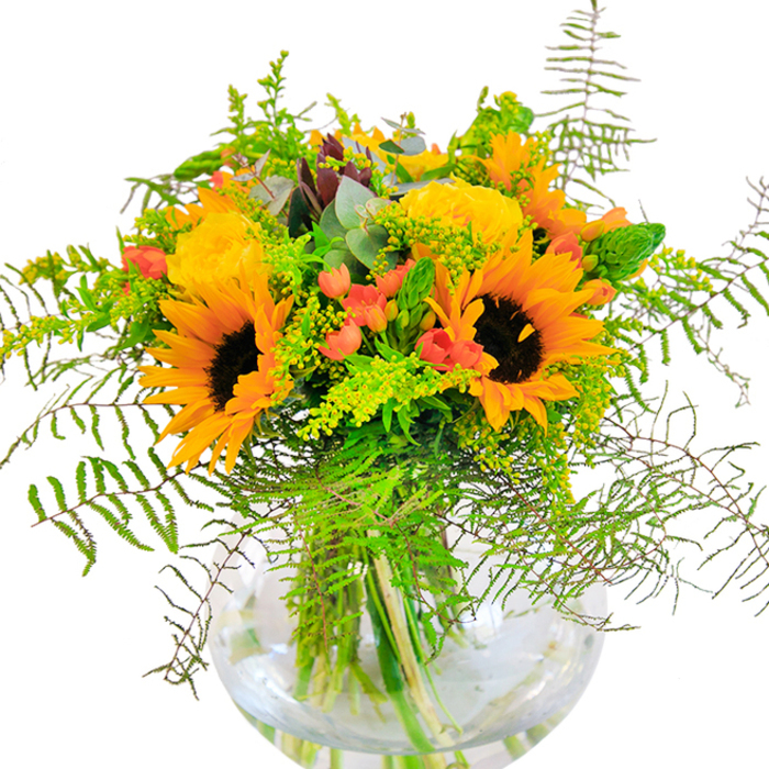 The essence of this bouquet is pure, unbridled exuberance-a celebration of sunlit colour and layered texture reminiscent of a bright Bloomsbury morning. Sunflowers, with their radiant yellow petals radiating from velvety brown centers, form the heart of the display, while golden-hued garden roses bloom at their side in tight, graceful curls. Rich green foliage pours outward, interspersed with trailing ferns and wisps of eucalyptus for a lush, garden-fresh effect that would feel perfectly at home along the paths of Brunswick Square. Glossy red Hypericum berries punctuate the arrangement, their brightness playing off the softer hues and drawing the eye with each subtle sparkle. The clear, rounded vase cradles every expertly cut stem, enhancing the brightness of the palette and lending the design a sense of rooted elegance. From up close, the tactile details emerge: the suede-like texture of sunflower centers, the crisp snap of greenery, and the silky smoothness of rose petals, all releasing a gentle, inviting fragrance. Suitable for joyful celebrations, congratulating a friend, or bringing instant cheer to an office on Theobalds Road, this bouquet is defined by the characteristic craftsmanship of Bloomsbury's flower artisans-where every bloom tells a part of the community's story.