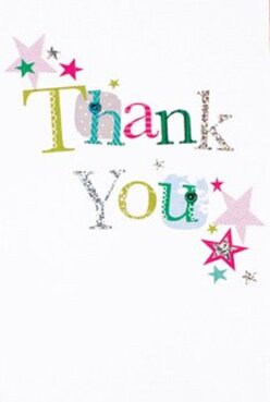 Echoing the creative energy found along Store Street or inside the British Museum, this thank you card is a vibrant tapestry of hues and festive detail. The greeting 'Thank You' is lettered in an array of rich colours-lime, fuchsia, and sapphire-each character finished with unique patterns that recall bespoke designs seen in the windows of Bloomsbury Flowers. Glints of silver and touches of polka dots and stitching evoke the gentle tactility of a well-crafted note. Sprinkled nearby, stars in shades of rose, teal, and sunlit gold float like celebratory confetti, lending the card a sense of joyous movement. Against a background of clean, luminous white, every detail stands out with warmth and intention. As a local Bloomsbury florist, I'd slip this card into a bouquet designed for a moment of heartfelt appreciation-its artistry mirroring the cultural vibrancy of the area and brightening any delivery from Tavistock Place to Cartwright Gardens.